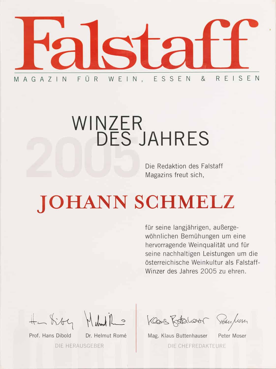 Weingut Schmelz Falstaff Urkunde